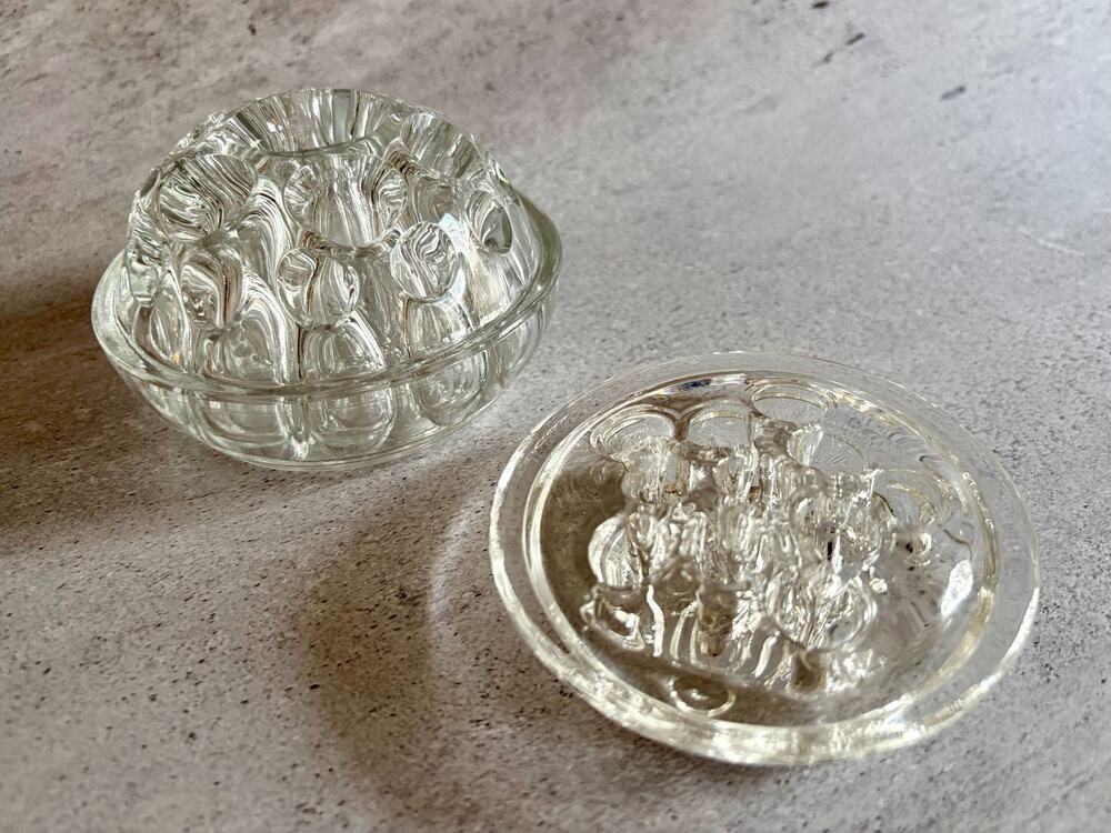 Art Glass Flower Frog Set 2 Clear Glass Bubble Base Solid & Pass Through MCM